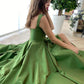 Green trailing strap sleeveless satin ruffled ball gown evening dress nv1919