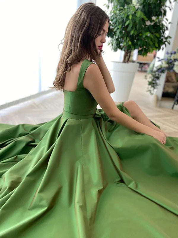 Green trailing strap sleeveless satin ruffled ball gown evening dress nv1919