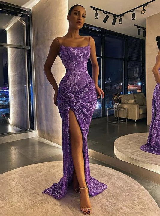 Purple Spaghetti Strap Mermaid Sequin High Slit Long Prom Dress Evening Dress Party Dress nv1998