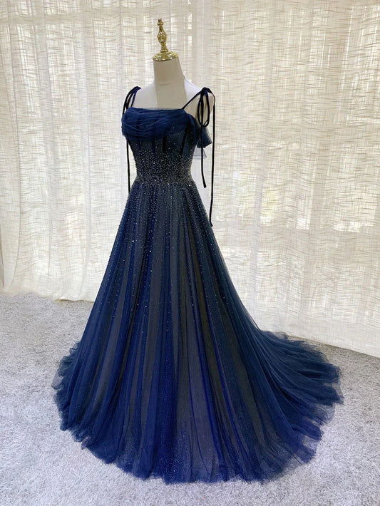 Dark blue tulle sequined long ball gown evening dress nv1912