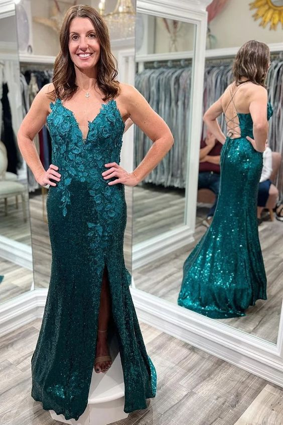 Forest Green Sequin 3D Floral Lace Plunge V Long Formal Dress nv1109