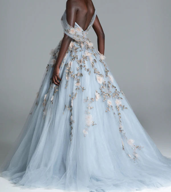 Mist Blue Garden Off-Shoulder 3D Floral Ball Gown Evening Dress NV6565