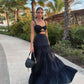 Spaghetti Strap Black Satin Elegant Sleeveless Long Evening Gown Ball Gown nv2133