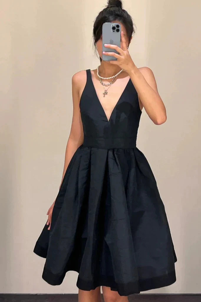 Black V-neck halter satin short prom dress evening homecoming graduation dress birthday dress nv2147