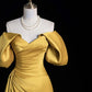 Yellow A-line off-the-shoulder satin long ball gown evening dress nv2194
