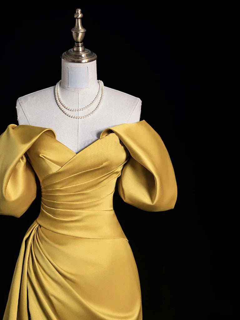 Yellow A-line off-the-shoulder satin long ball gown evening dress nv2194