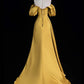 Yellow A-line off-the-shoulder satin long ball gown evening dress nv2194