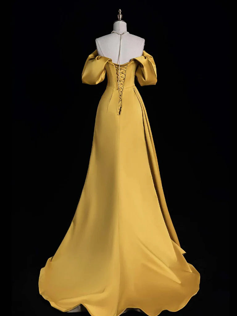 Yellow A-line off-the-shoulder satin long ball gown evening dress nv2194