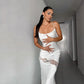 White Sexy Sleeveless Backless Lace Patchwork Slit Bodycon Elegant Party Long Gown Evening Dress nv2153