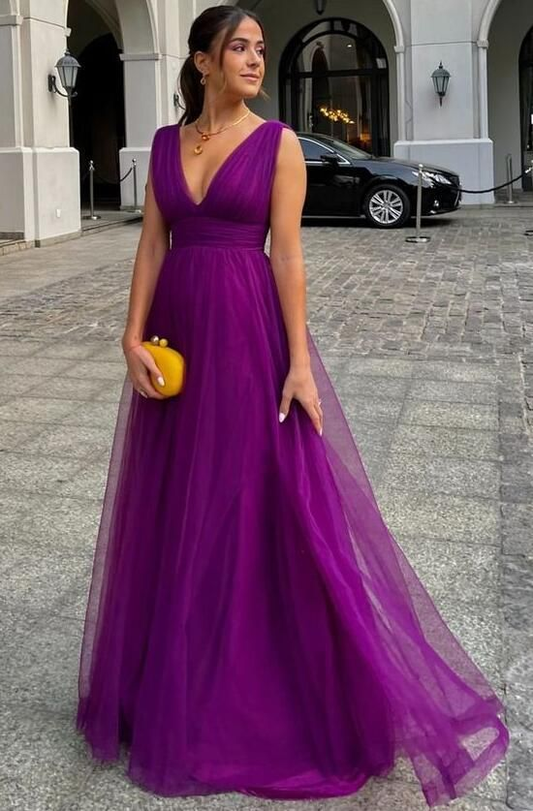 Purple Floor-length A-line V-neck Strap Sleeveless Prom Dress nv1175