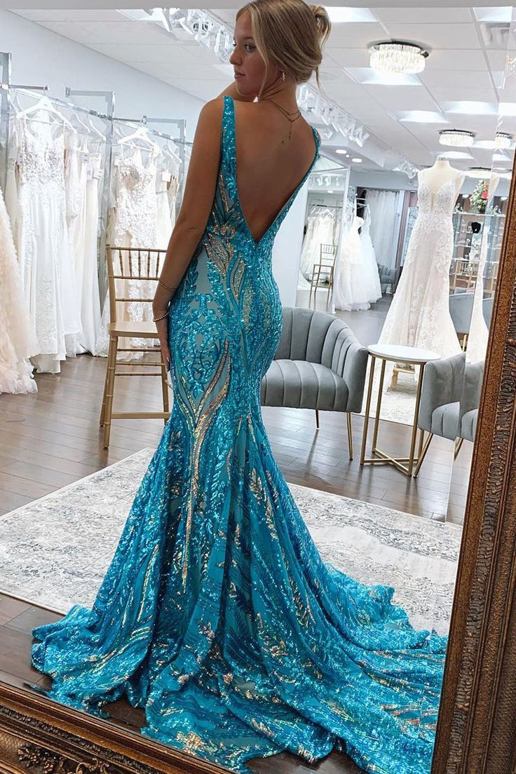 Sparkly Mermaid Deep V Neck Blue & Gold Sequins Lace Long Prom Dresses nv1268