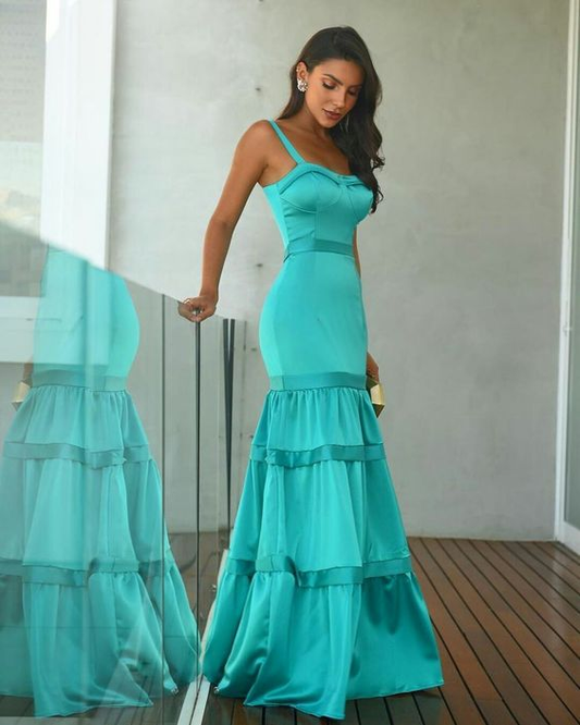 Lake blue prom dress satin evening gown nv1189