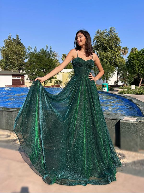 Green Elegant Spaghetti Straps A-line Tulle Long Prom Dresses nv1195