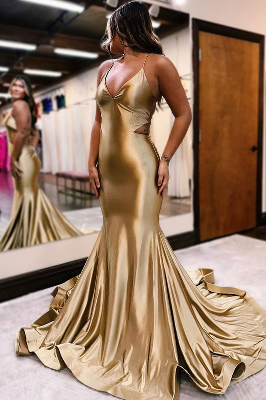 Gold V Neck Mermaid Long Prom Dress with Cutout nv1264