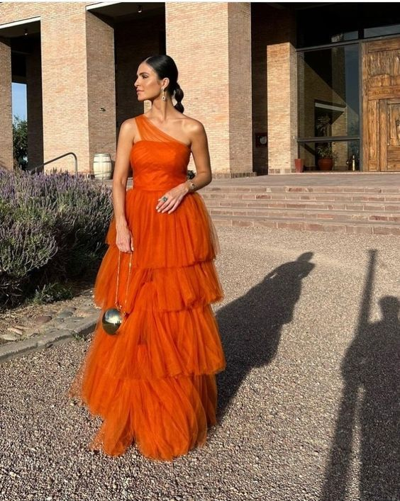 Orange Long Prom Dress,Tiered Tulle Formal Evening Dresses nv1176