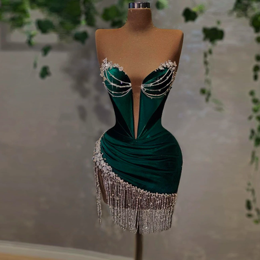 Sexy Green Deep V-Neck Short Evening Dress Tassel Beaded Sheath Dress nv1088