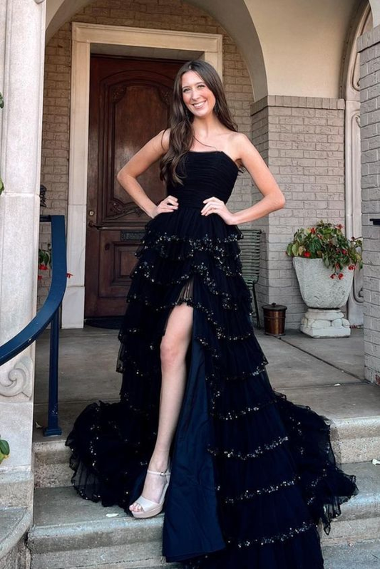 Strapless Black Tulle Tiered Prom Gown nv1236