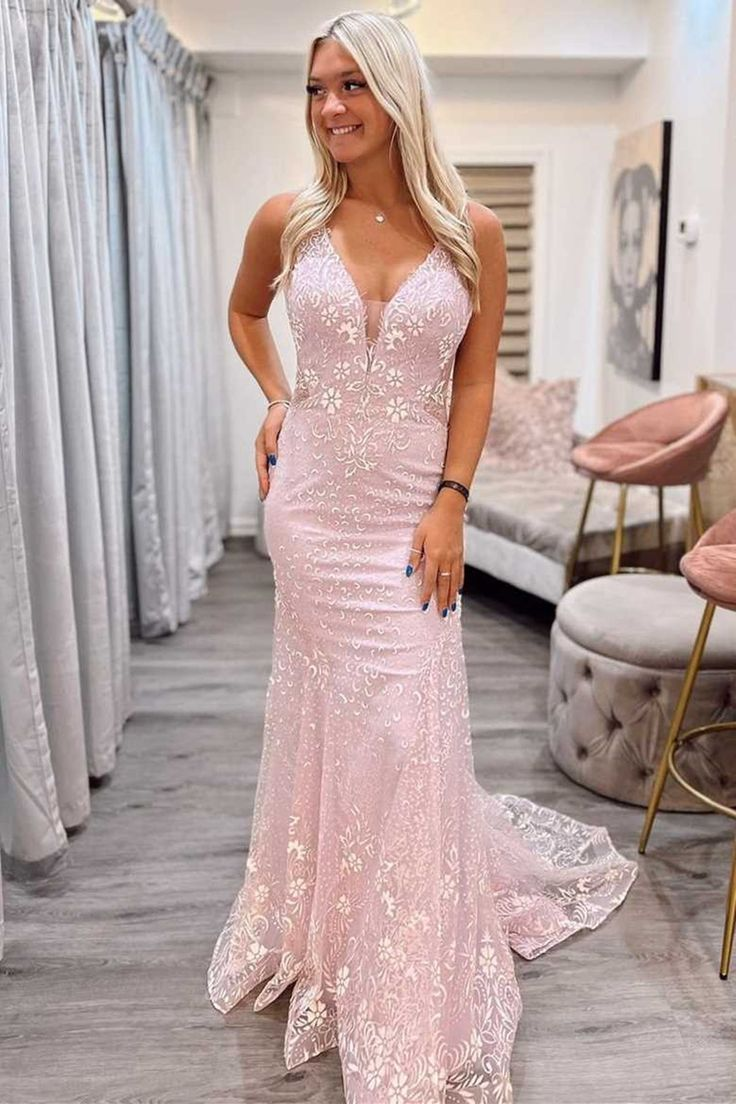 V Neck Mermaid Backless Pink Lace Long Prom Dress Mermaid Pink Formal Dress nv1137