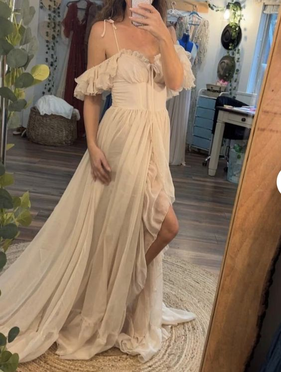 Off White Chiffon Long Prom Dress with  Slit nv1239