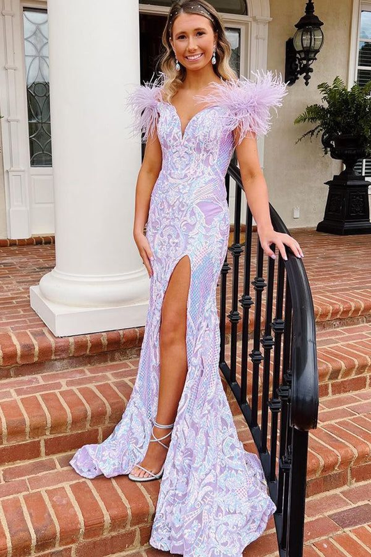 Mermaid V Neck Lavender Sequins Long Prom Dresses with Ostrich Feather nv1142