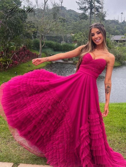 Pink Sweetheart Multilayer Prom Dress Strapless A-line Tulle Maxi Dress nv1188