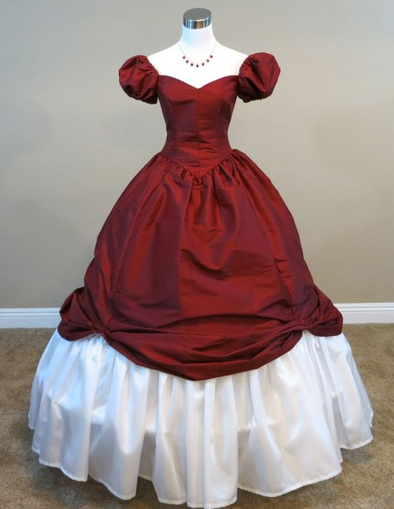 Burgundy white satin ball gown short sleeves Princess dress nv1205