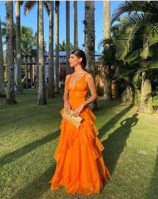 Orange simple sexy elegant V-neck ruffle long prom dress evening dress party dress V-neck dress suit prom dress to impress nv1161