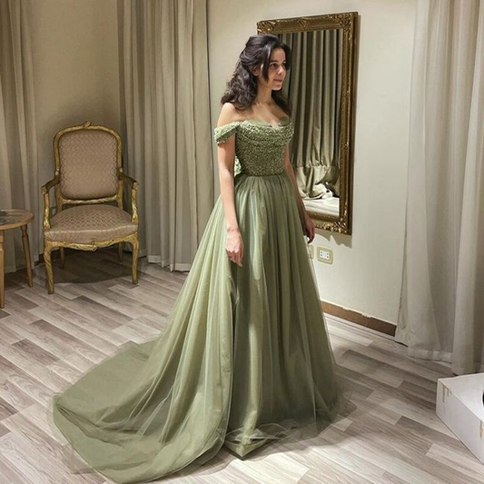 Elegant Off Shoulder Sage Green Evening Dress Luxury Beaded Arabic Long Formal Party Gown nv1194