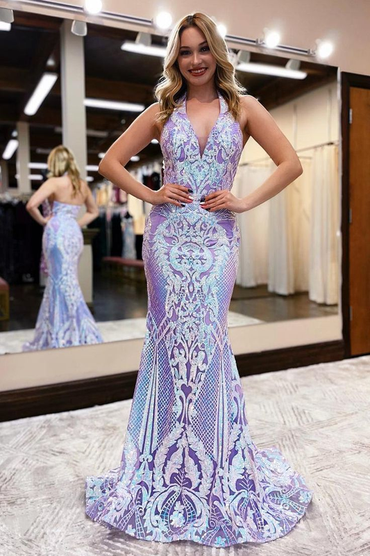 Lavender Sequins Lace Halter Mermaid Long Prom Dresses nv1272