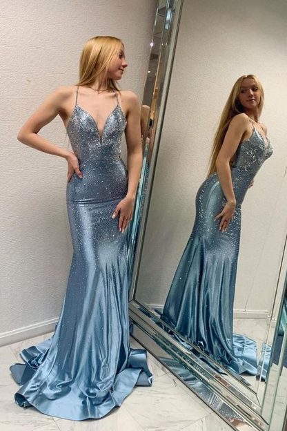 Shinny Deep V-Neck Prom Dress Sleeveless Slim Mermaid Party Gown nv1200