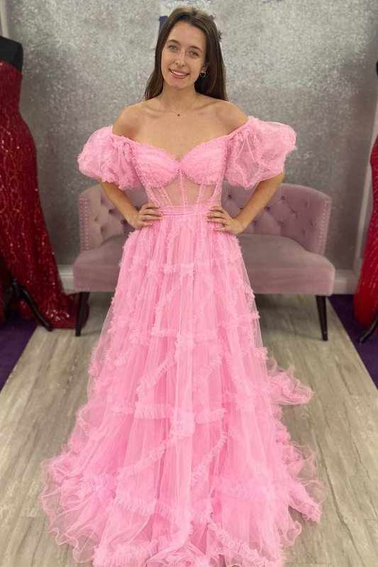Princess Pink Off-the-Shoulder A-Line Prom Dress with Ruffles nv1309