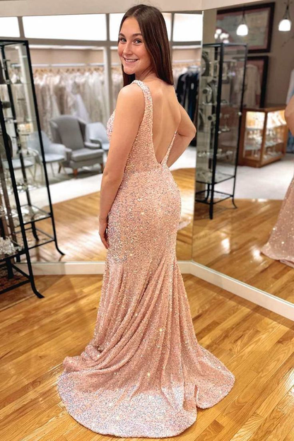 Pink Iridescent Sequin Plunge V Open Back Mermaid Long Formal Dress nv1147