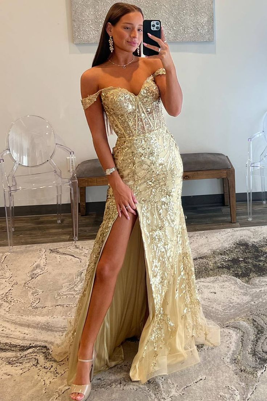 Off the Shoulder Gold Sequin Corset Mermaid Prom Dress with Slit nv1262