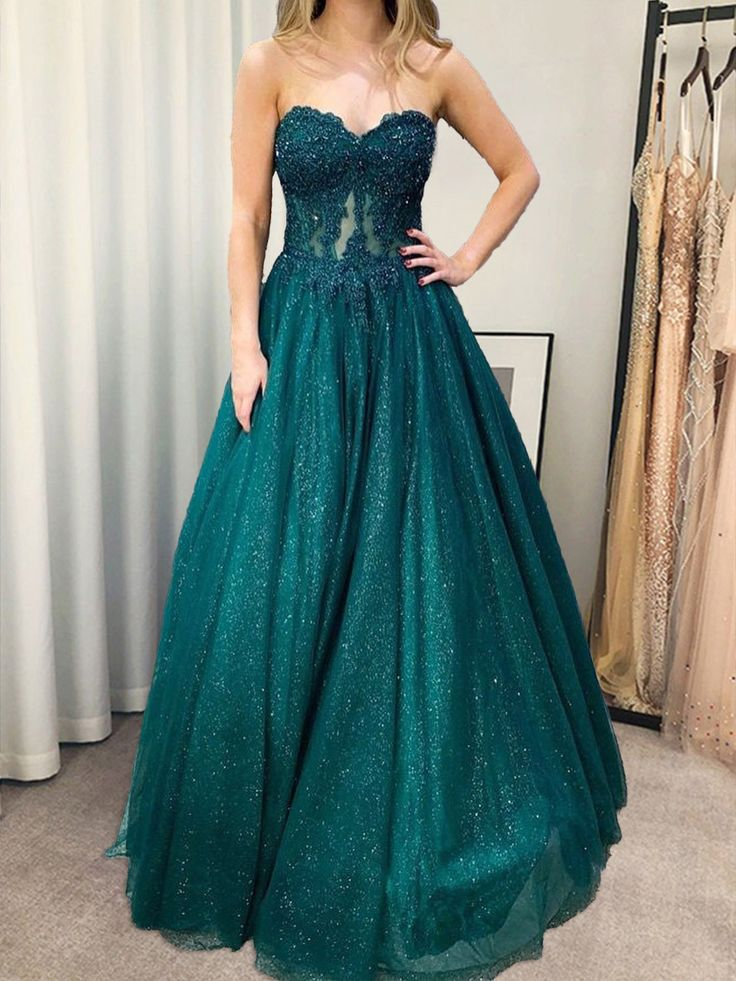 Strapless Green Blue Lace Long Prom Dress Formal Evening Dress nv1197