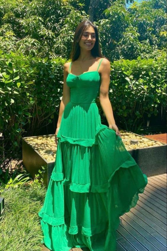 New Green Spaghetti Straps Long Prom Dress With Layers, Formal Gown nv1184