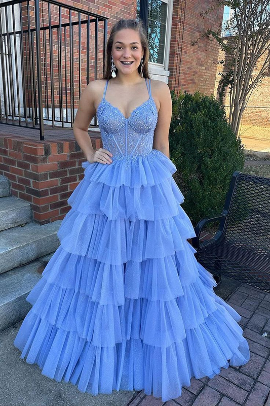 Blue Sweetheart Tiered Tulle Long Prom Dress with Appliques nv1231