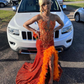 Beaded Sheath Formal Dresses With Slit Orange Shiny Sequins Evning Dress nv1121
