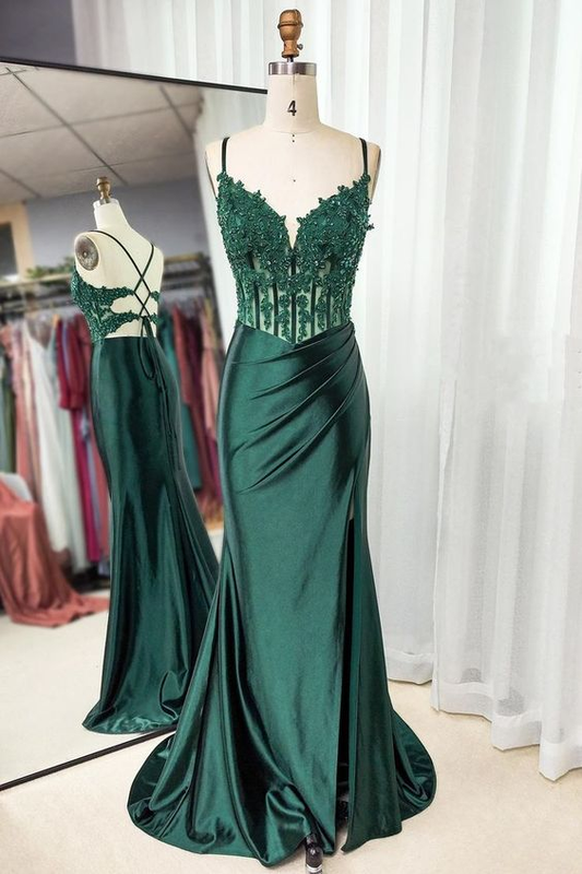 Mermaid Straps Ruched Prom Dress with Slit nv1284
