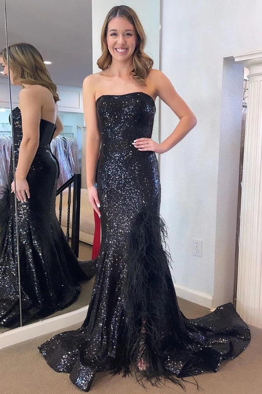 Sparkly Black Sheath Strapless Long Sequins Prom Dress with Feathers  nv1260