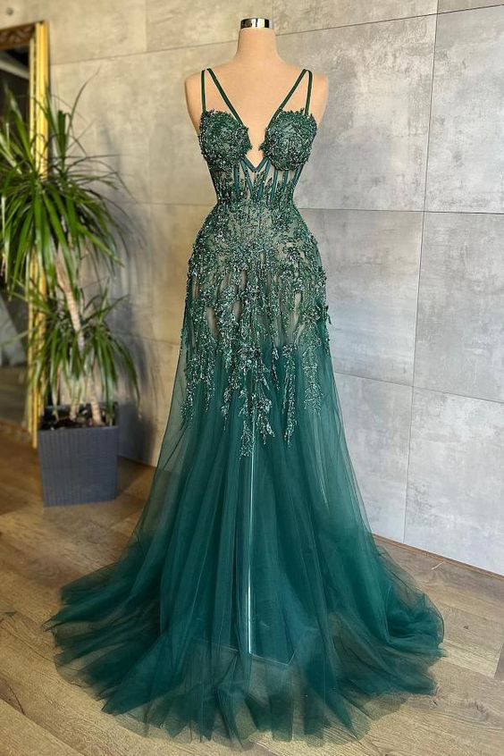 Chic Dark Green Sweetheart Long Evening Dress Tulle Lace Formal Dress nv1283