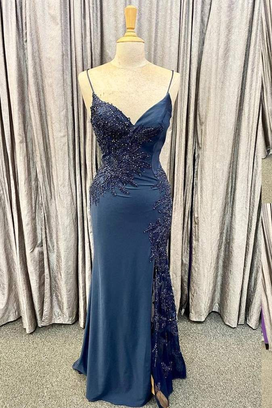 Elegant Navy Blue Long Prom Dress with Lace Appliques nv1282