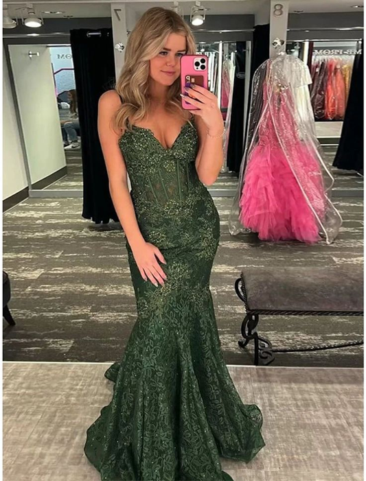 Spaghetti Strap Green Mermaid Evening Gown  Formal Sweep Train Prom Dress nv1279