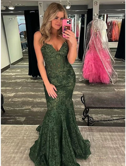 Spaghetti Strap Green Mermaid Evening Gown  Formal Sweep Train Prom Dress nv1279