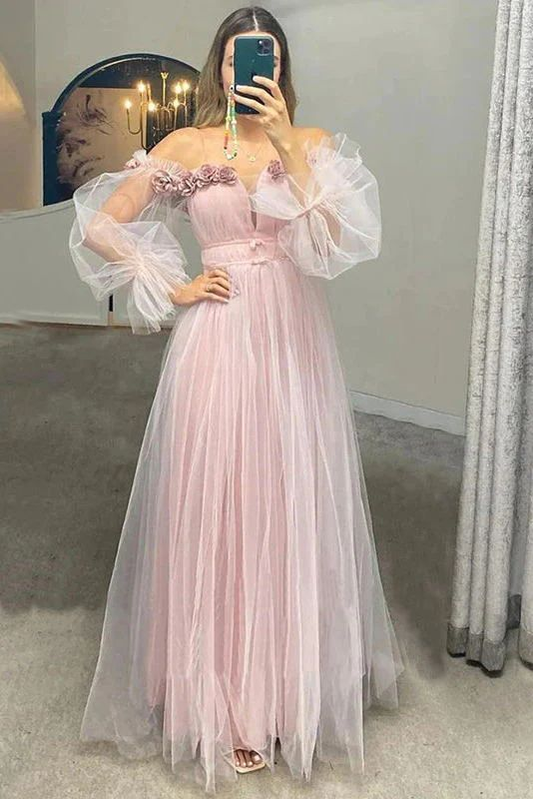 Blush Pink Off-shoulder Puffy Sleeves Tulle Princess Long Prom Dress nv1204