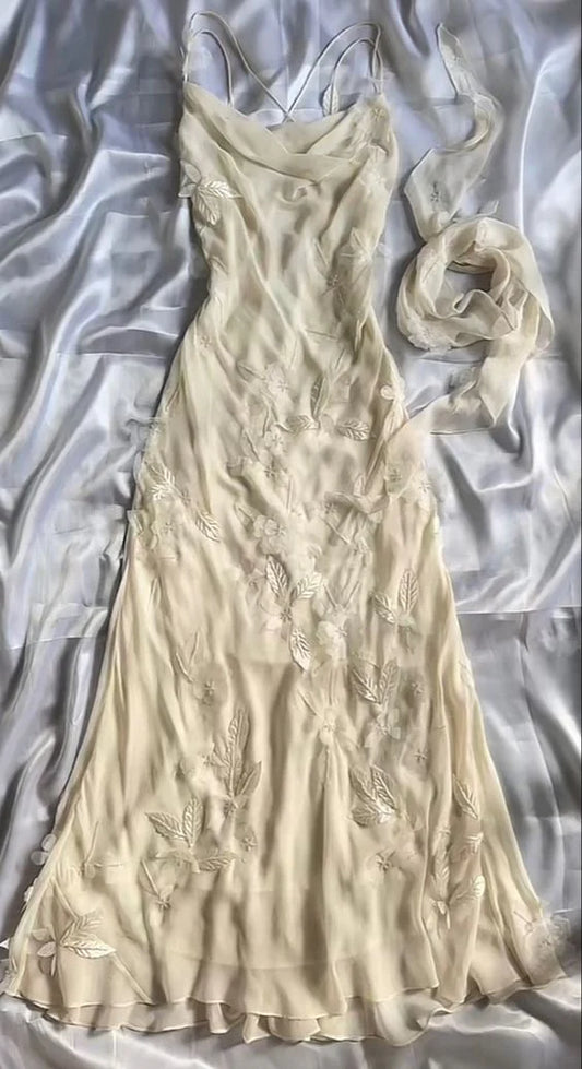Light Yellow Spaghetti Strap A-Line Chiffon Ball Gown Evening Dress nv1883