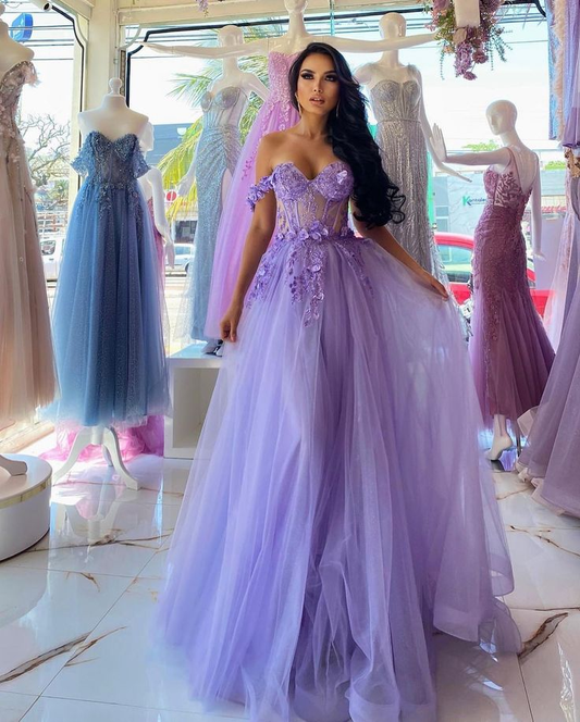Elegant Long Purple A-line Off-the-shoulder Sleeveless Prom Dress With Lace nv1316