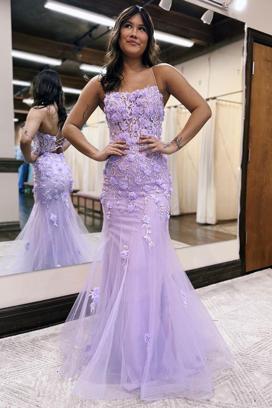 Mermaid Scoop Neck Lilac Lace Long Prom Dresses nv1367