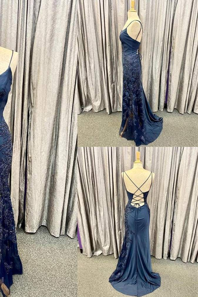Elegant Navy Blue Long Prom Dress with Lace Appliques nv1282