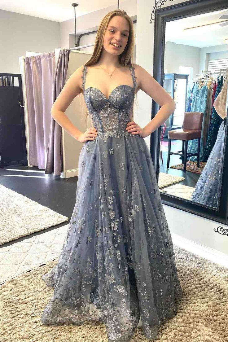 Dusty Lavender A-line Off-the-Shoulder Prints Tulle Long Prom Dress nv1285