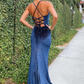 Backless Mermaid Navy Blue Velvet Long Prom Dress with High Slit nv1314